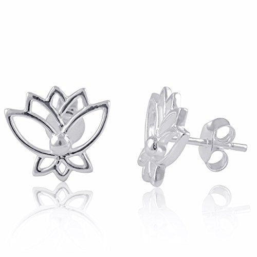 Sterling Silver Womens Dainty Hindu Lotus Flower Stud Earrings