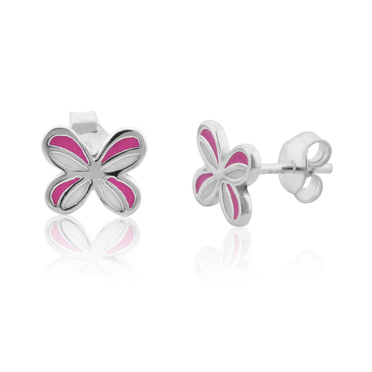 Sterling Silver Girls Dainty Pink Butterfly Stud Earrings 8mm