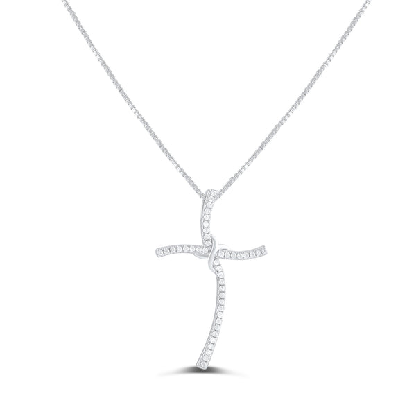 Sterling Silver Cz Thin Wavy Cross Necklace 18"