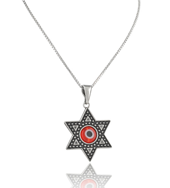 Sterling Silver Red Evil Eye Jewish Star Necklace