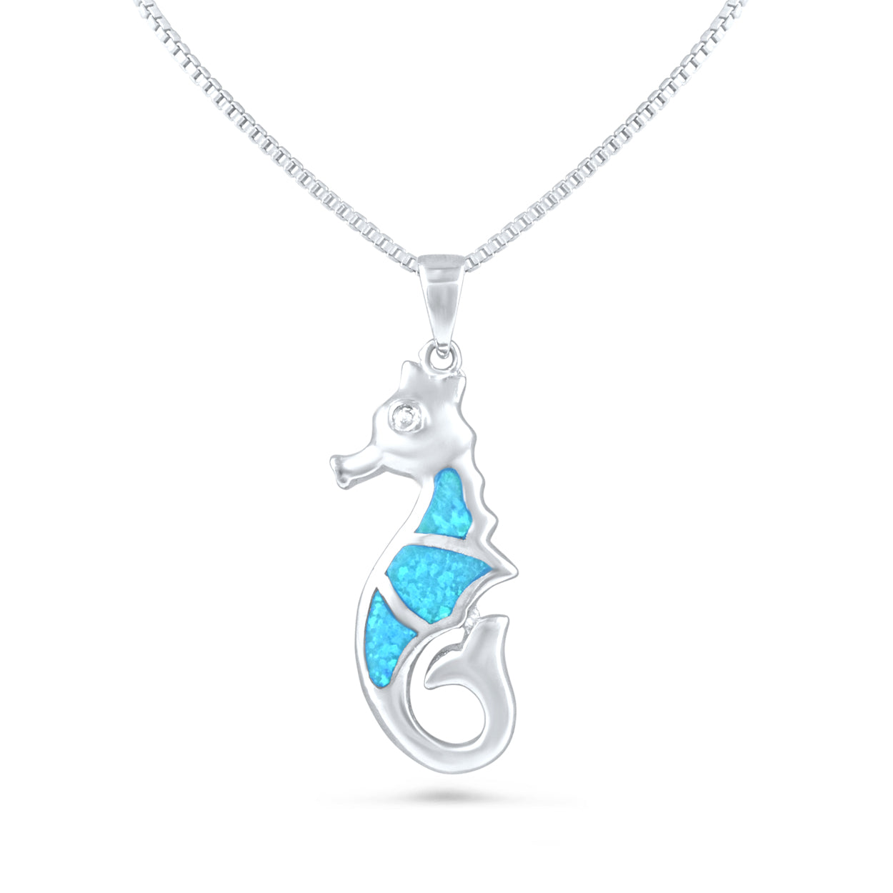 Sterling Silver Created Blue Opal Seahorse Necklace (18" chain included)