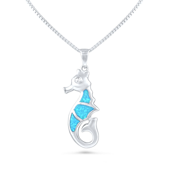 Sterling Silver Created Blue Opal Seahorse Necklace (18" chain included)