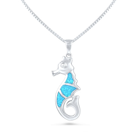 Sterling Silver Created Blue Opal Seahorse Necklace (18" chain included)