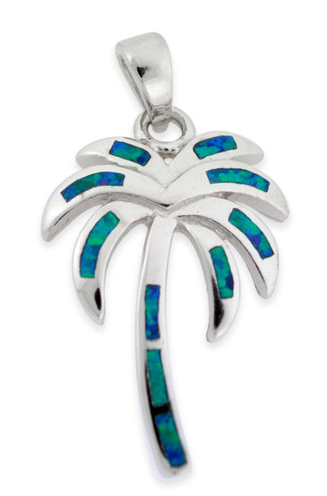 Sterling Silver Blue Created Opal Palm Tree Necklace - 24mm