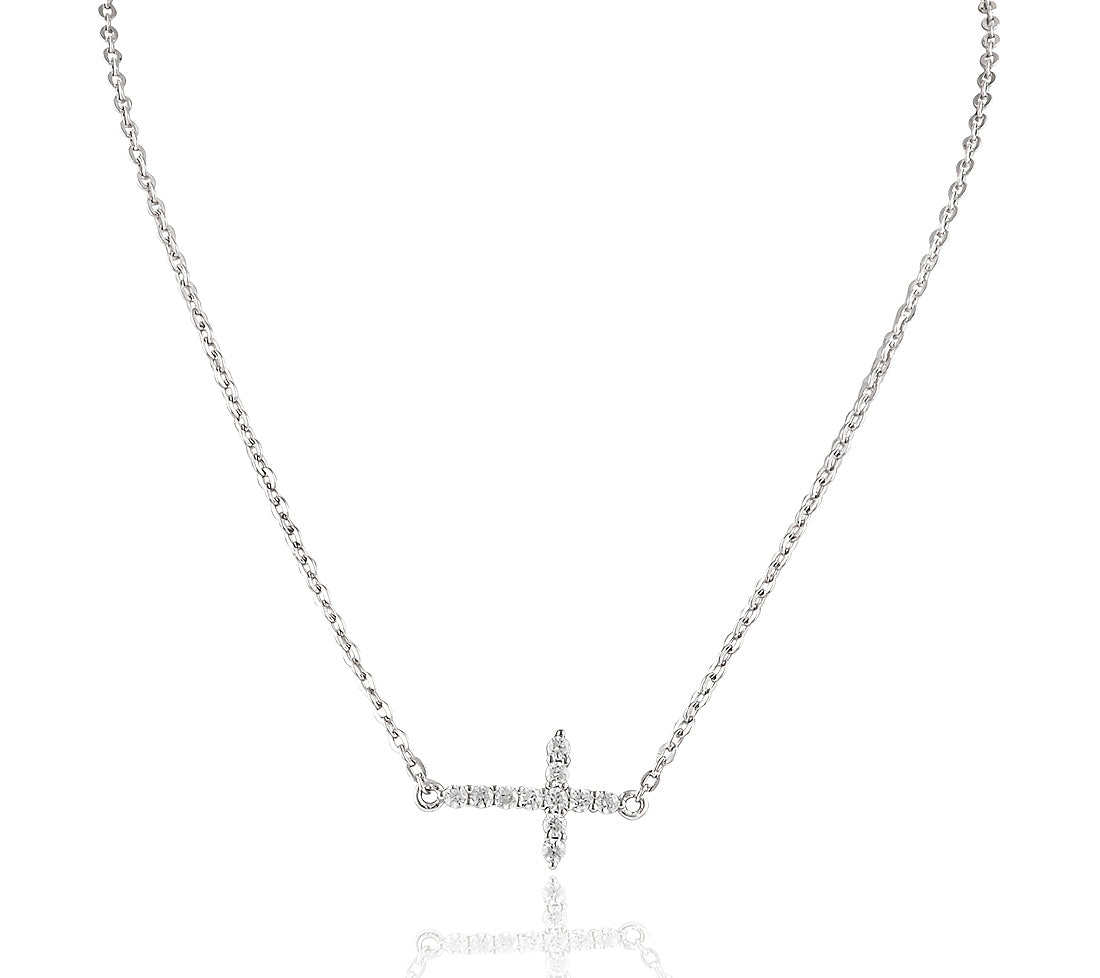 Sterling Silver Cz Sideways Cross Necklace 18"