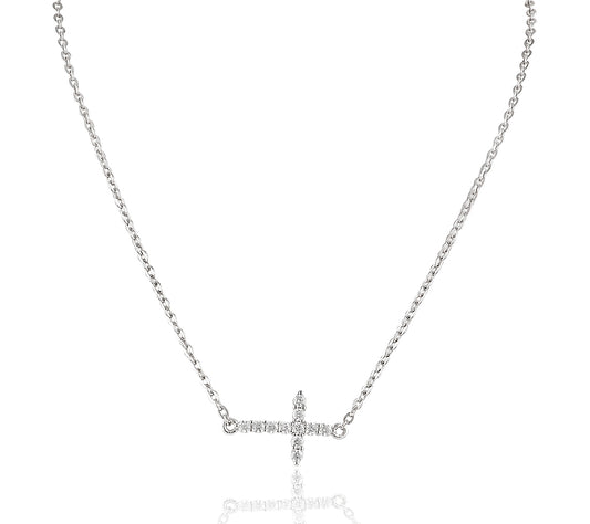 Sterling Silver Cz Sideways Cross Necklace 18"