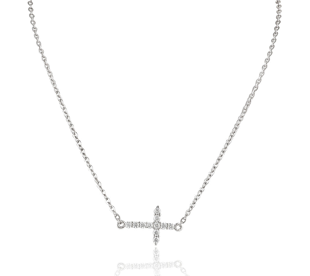 Sterling Silver Cz Sideways Cross Necklace 18"