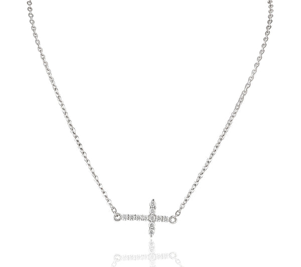 Sterling Silver Cz Sideways Cross Necklace 18"