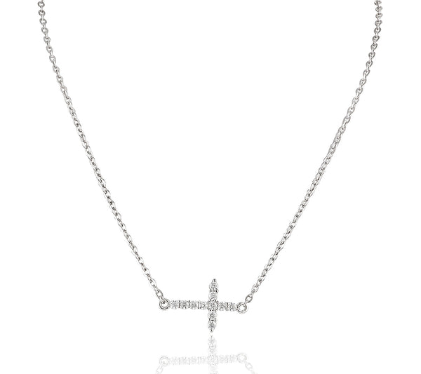 Sterling Silver Cz Sideways Cross Necklace 18"