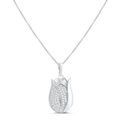 Sterling Silver Cz Tulip Flower Necklace 18"