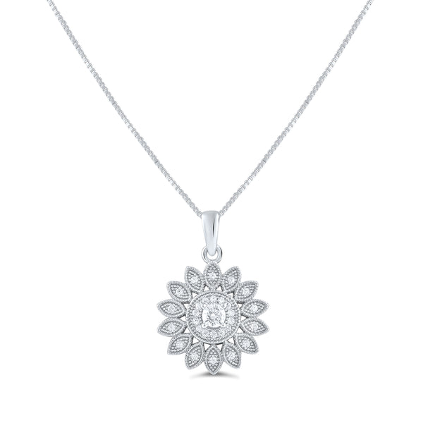 Sterling Silver Cz Sunflower Charm Necklace 18"