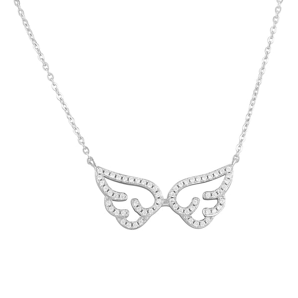 Sterling Silver Simulated Diamond Angel Wings Necklace 18"