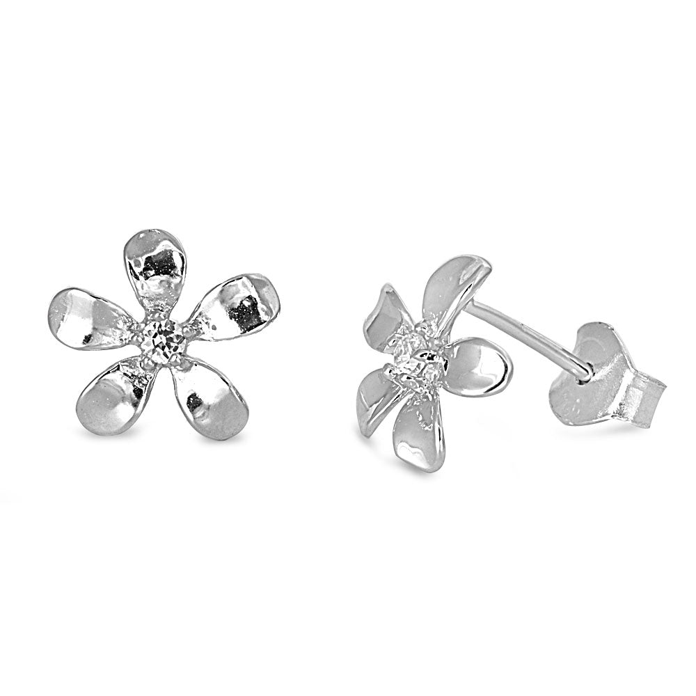 Sterling Silver Plumeria Flower Stud Earrings - 9mm