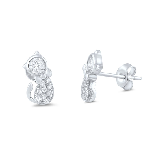 Sterling Silver Cz Kitty Cat Stud Earrings - 11mm