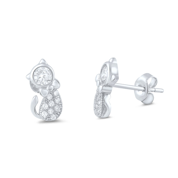 Sterling Silver Cz Kitty Cat Stud Earrings - 11mm