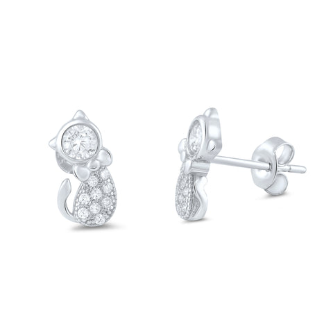 Sterling Silver Cz Kitty Cat Stud Earrings - 11mm