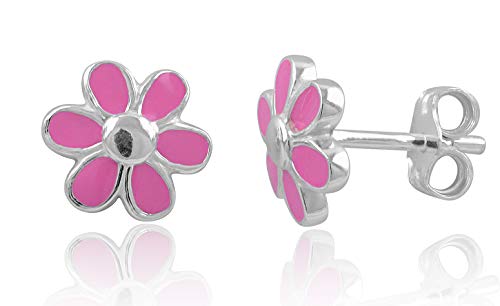 Sterling Silver Dainty Womens Pink Daisy Flower Stud Earrings