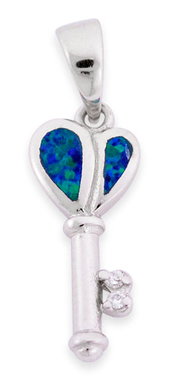 Sterling Silver CZ Created Blue Opal Heart Key necklace