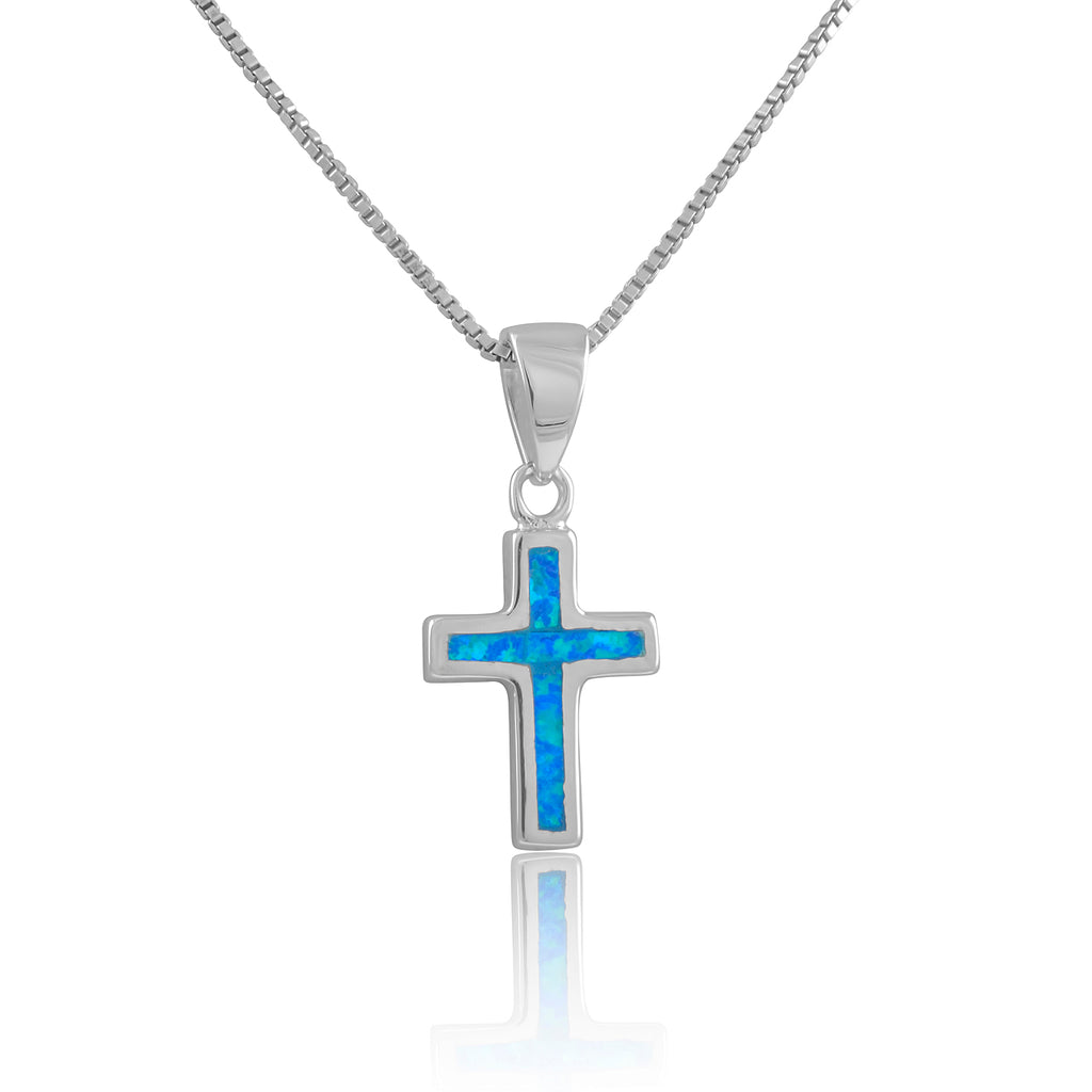 Sterling Silver Created Blue Opal Cross Necklace 18"