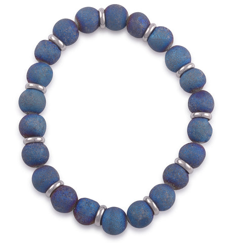 Unisex Stretchy Stainless Steel Bracelet with Blue Mystic Druzy Stone - 7 Inches
