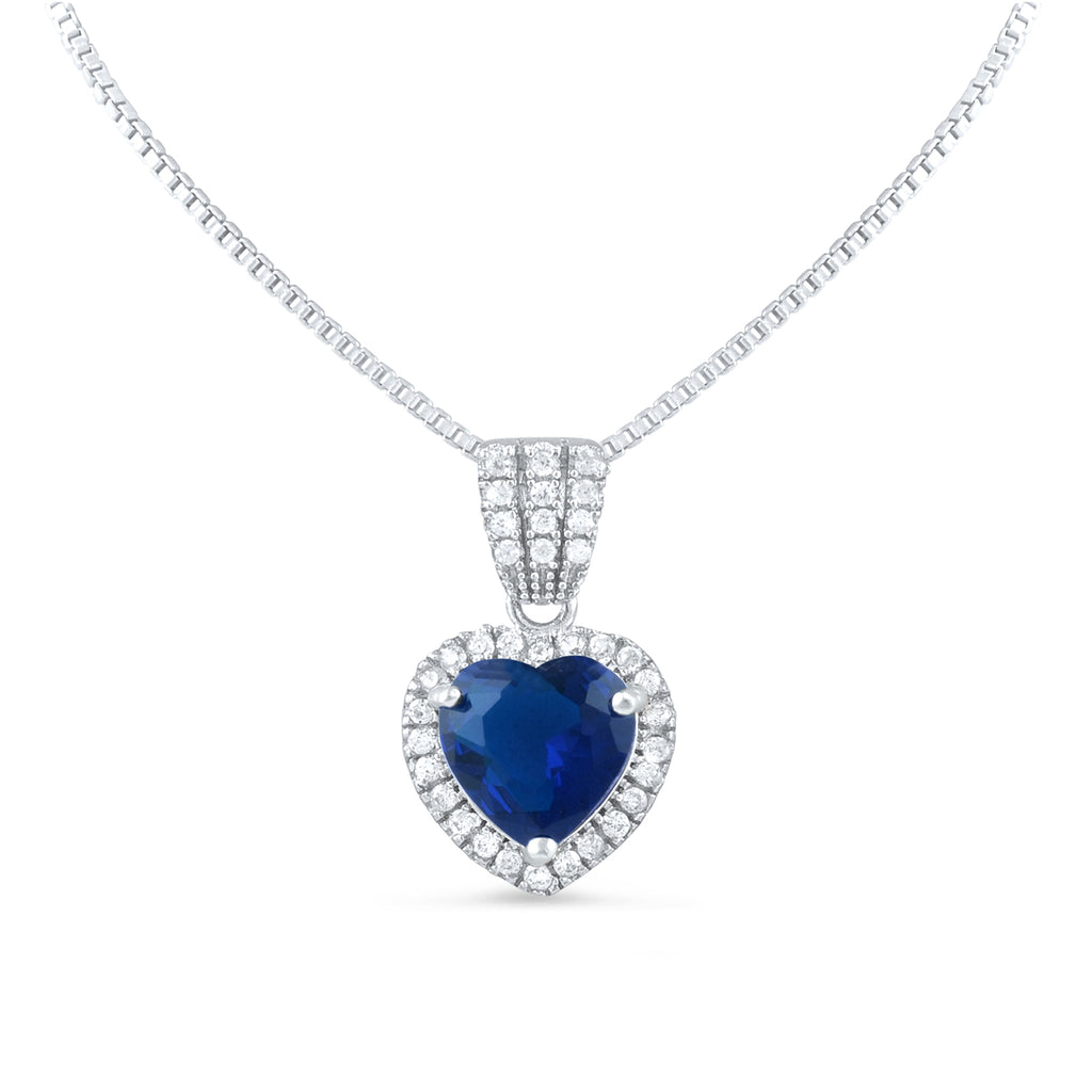 Sterling Silver Blue CZ Halo Heart Necklace