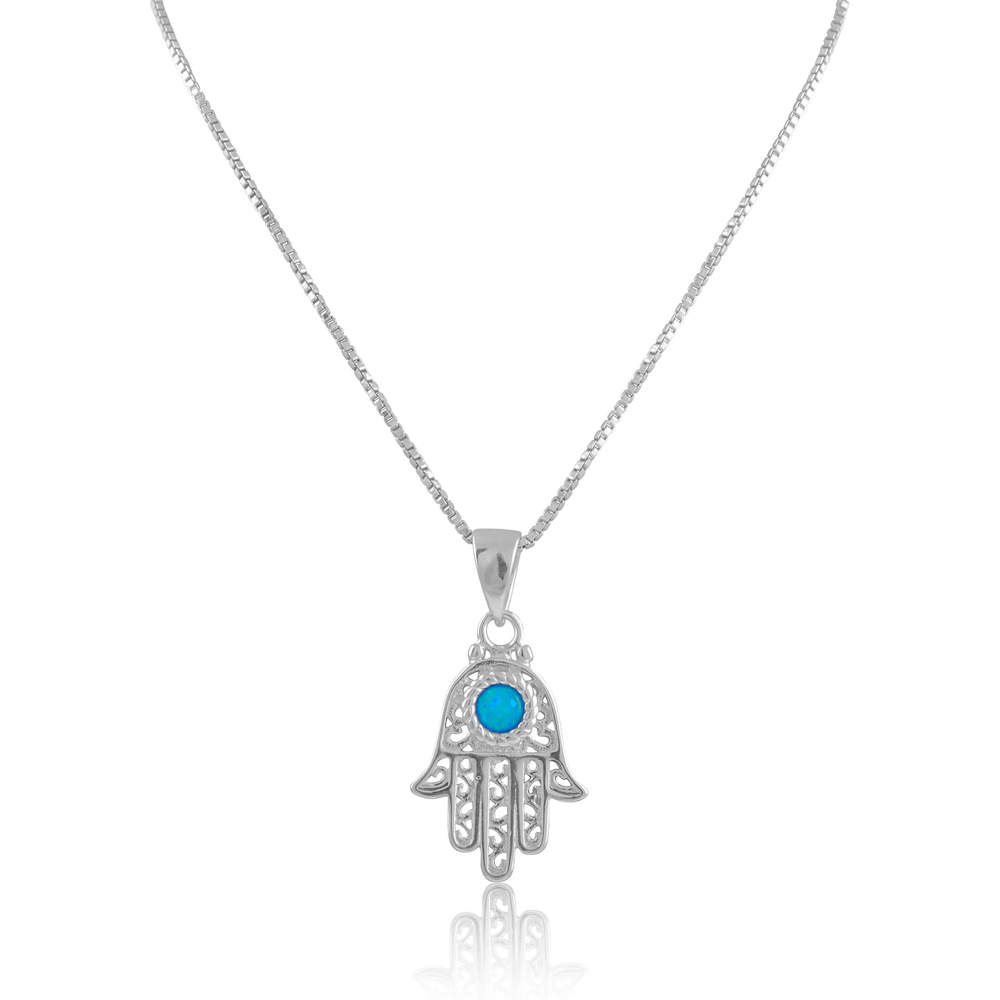 Sterling Silver Created Blue Opal Evil Eye Hamsa Necklace 18"