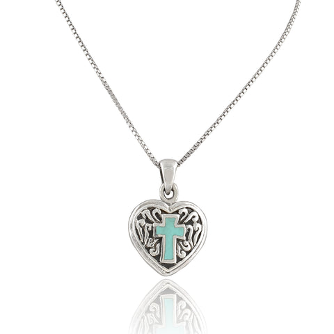 Sterling Silver Blue Enamel Celtic Cross Heart Necklace