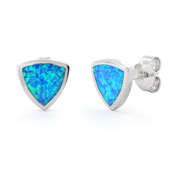 Sterling Silver Girls Created Blue Opal Triangle Stud Earrings