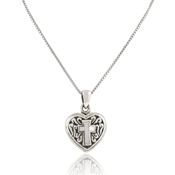 Sterling Silver Mother Of Pearl Cross Heart Necklace