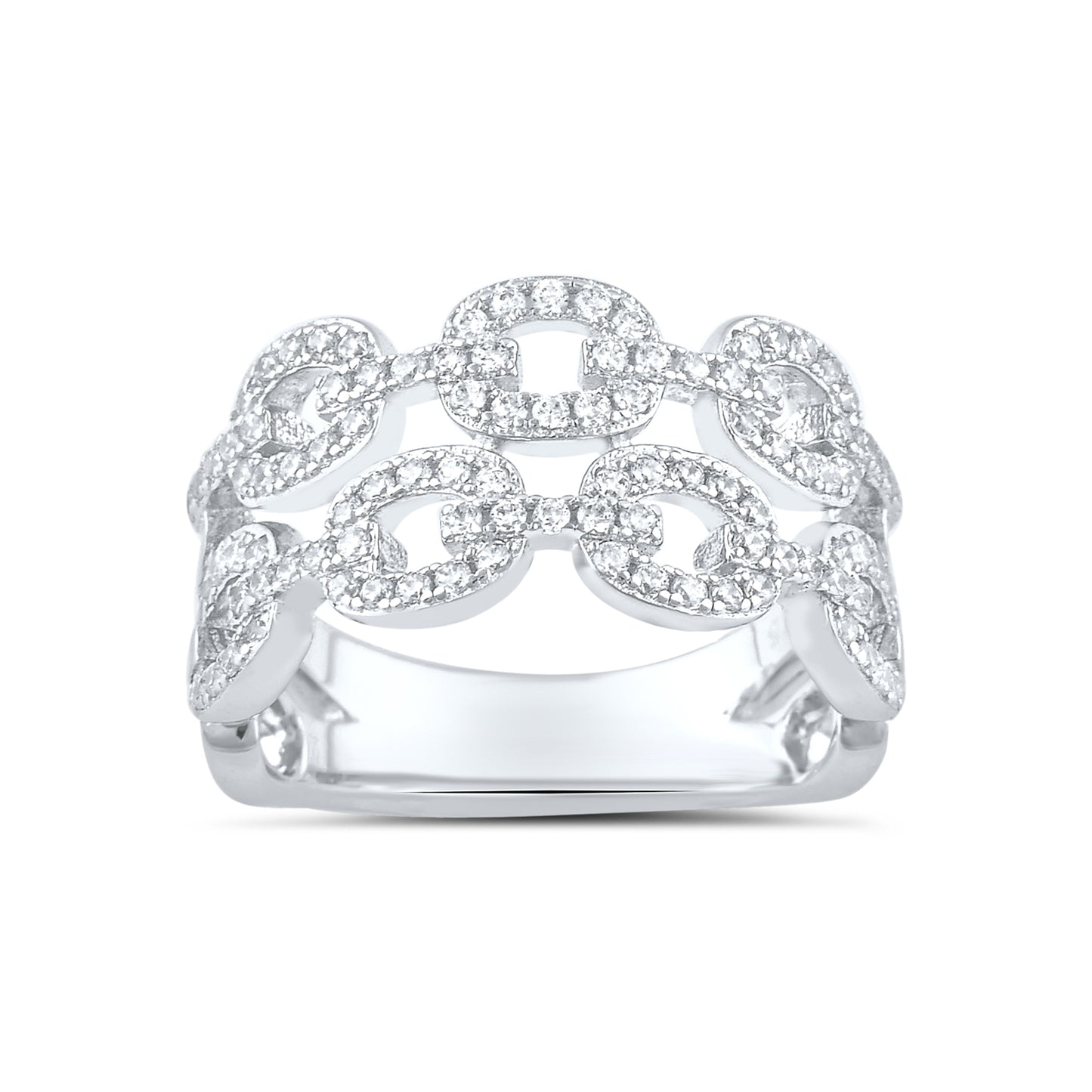 White Gold Over Sterling Silver Womens Chunky Simulated Diamond Double Chain Link Ring