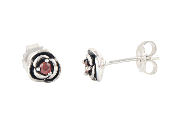 Sterling Silver Red Cz Rose Flower Stud Earrings - 8mm