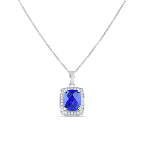 Sterling Silver Square Simulated Blue Sapphire Necklace 18"