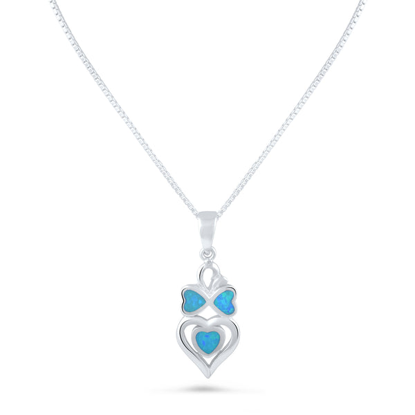 Sterling Silver Blue Created Opal Owl Heart Necklace - 20mm