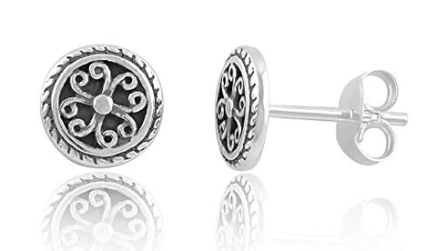 Sterling Silver Round BoHo Filigree Stud Earrings