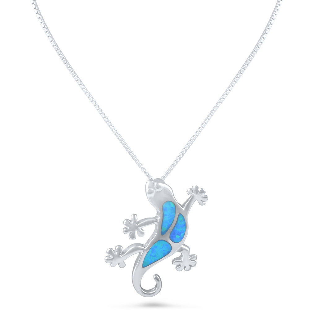 Sterling Silver Blue Created Opal Gecko Necklace - 30mm