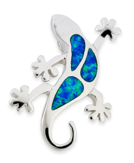 Sterling Silver Blue Created Opal Gecko Necklace - 30mm