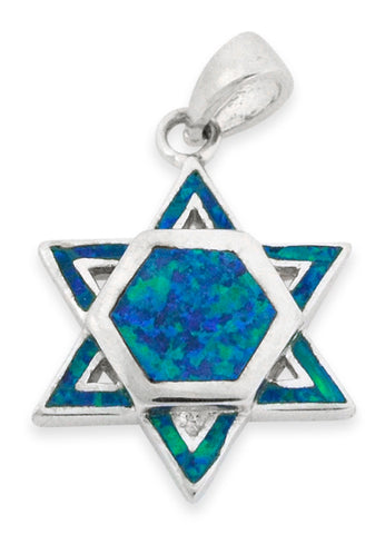 Sterling Silver Blue Created Opal Jewish Star (star of david) Necklace - 24mm