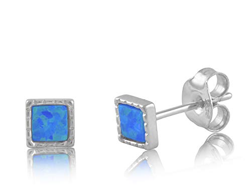 Sterling Silver Blue Created Opal Small Square Stud Earrings - 8mm
