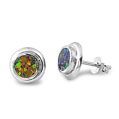 Sterling Silver Created Black Opal Stud Earrings - 9mm
