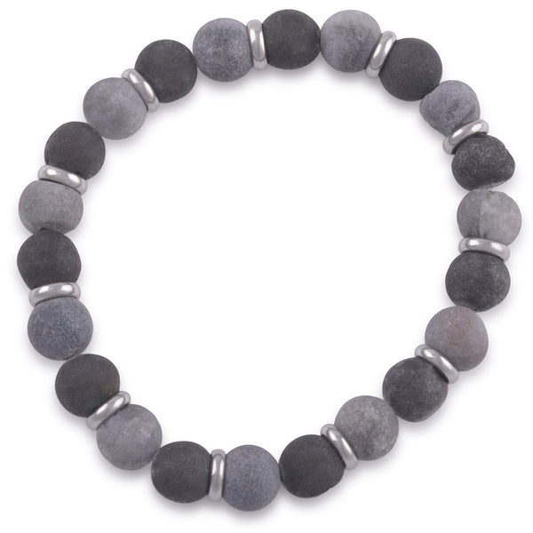 Unisex Stretchy Stainless Steel Bracelet with Volcanic Carbon Gray Druzy Stone - 7 Inches