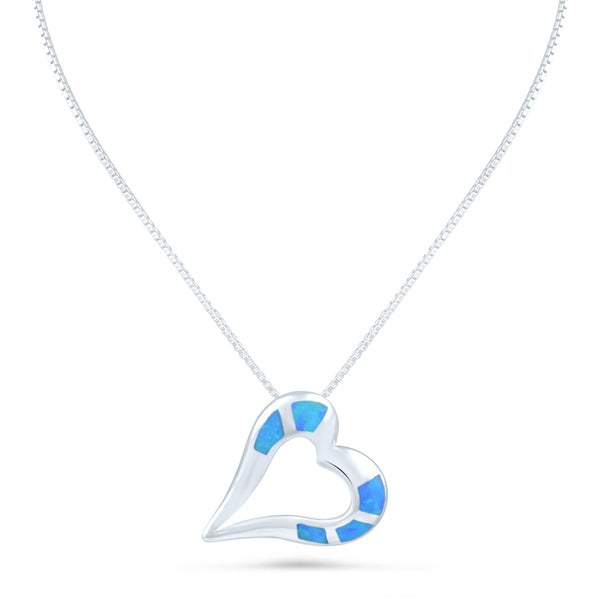 Sterling Silver Blue Created Opal Open Heart Necklace - 21mm