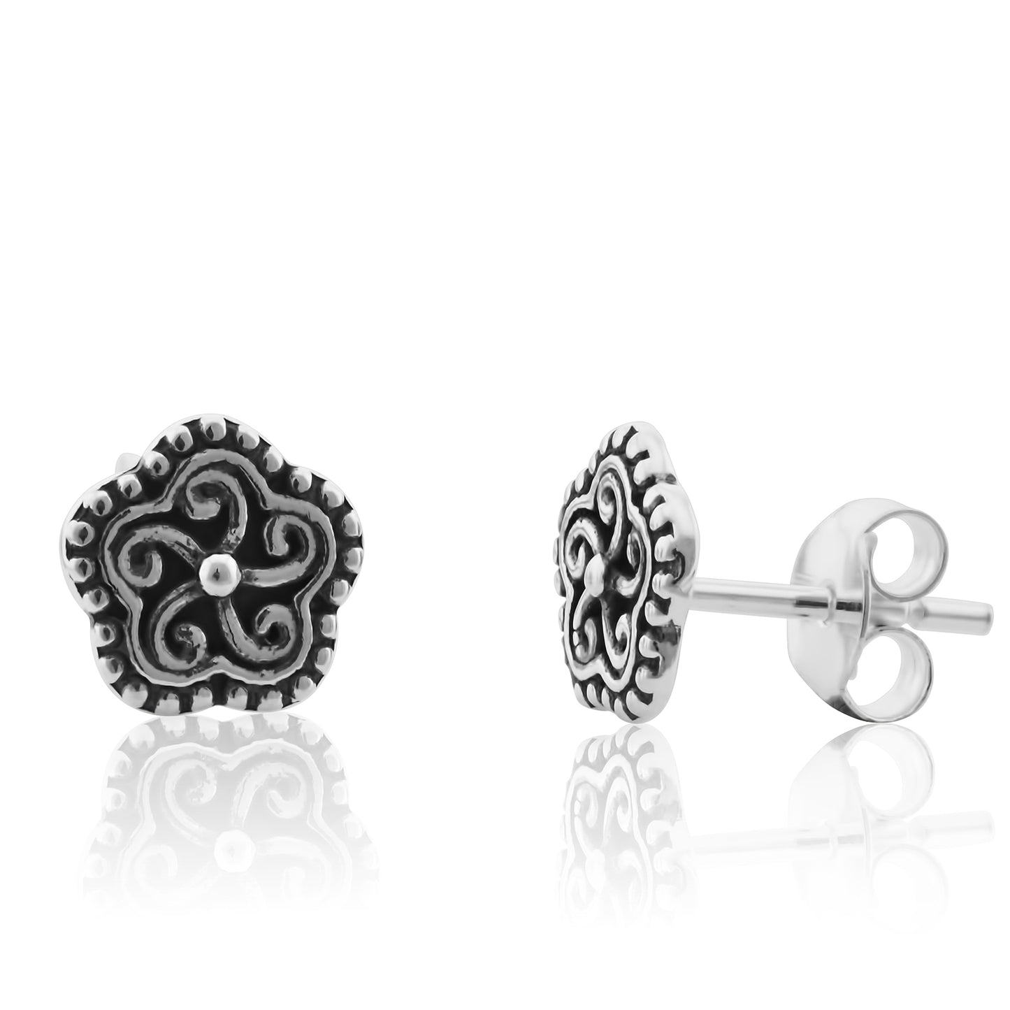 Sterling Silver Small Oxidized Plumeria Flower Stud Earrings 8mm