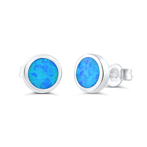 Sterling Silver Girls Round Created Blue Opal Stud Earrings - 7mm