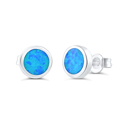 Sterling Silver Round Created Blue Opal Stud Earrings - 7mm
