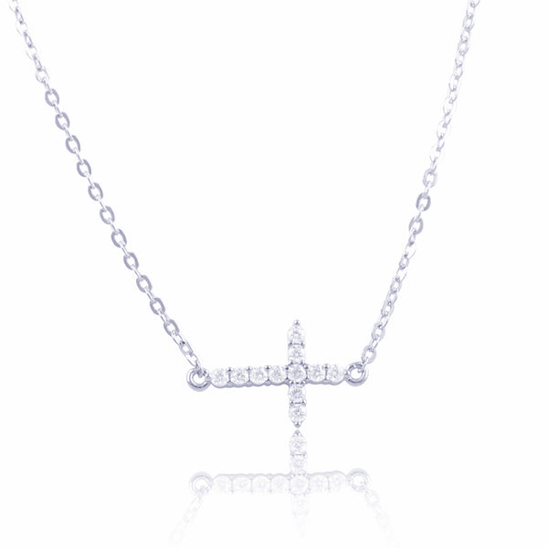 Sterling Silver Cz Sideways Cross Necklace 18"