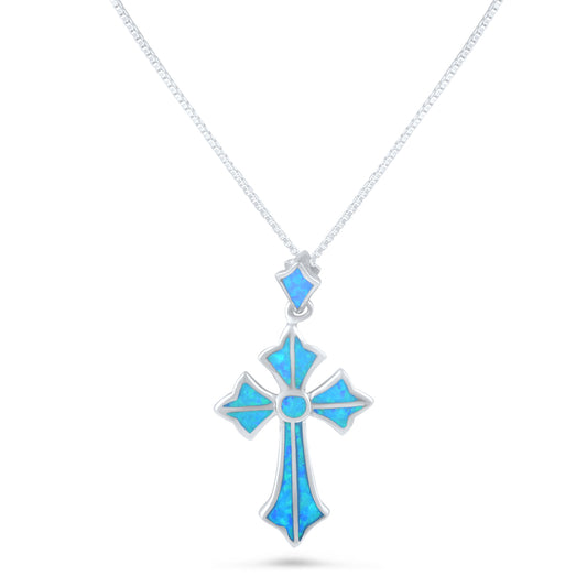 Sterling Silver Created Blue Opal Cross Necklace (18" Chain Included)