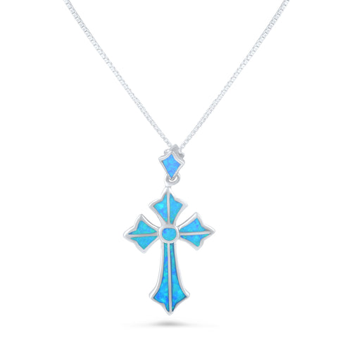 Sterling Silver Created Blue Opal Cross Necklace (18" Chain Included)