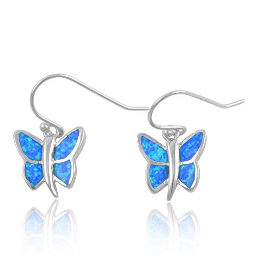 Sterling Silver Girls Blue Created Opal Butterfly Fish hook Earrings