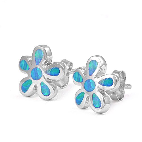 Sterling Silver Girls Blue Lab Opal Plumeria Flower Stud Earrings - 10mm