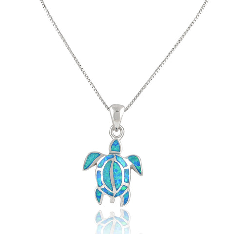 Sterling Silver Created Blue Opal Kemps Turtle Necklace - 20mm